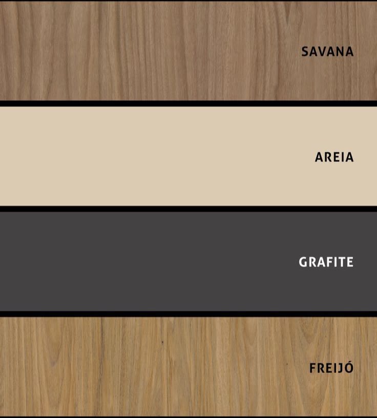 Paleta de cores e acabamentos Montari: Savana, Areia, Grafite e Freijó